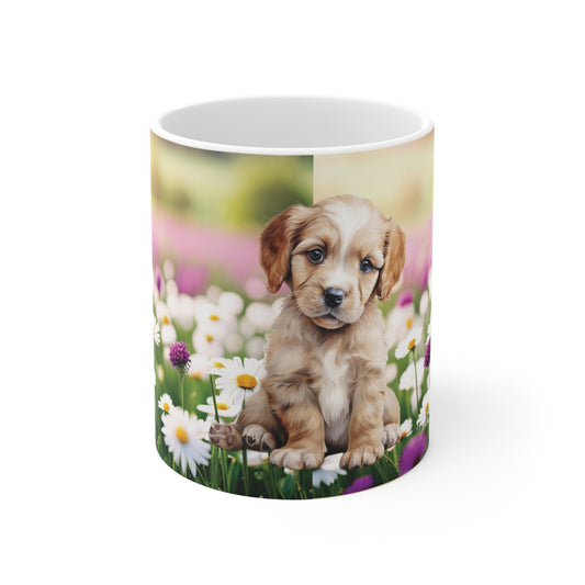 Puppy in flowers. Mug 11oz